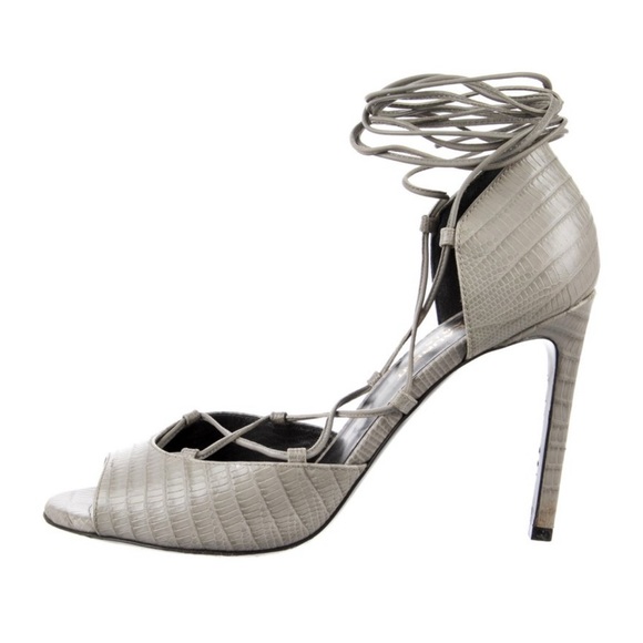 Saint Laurent Embossed Leather Gladiator Open Toe Heels Gray lace up ankle Wrap - Picture 2 of 10